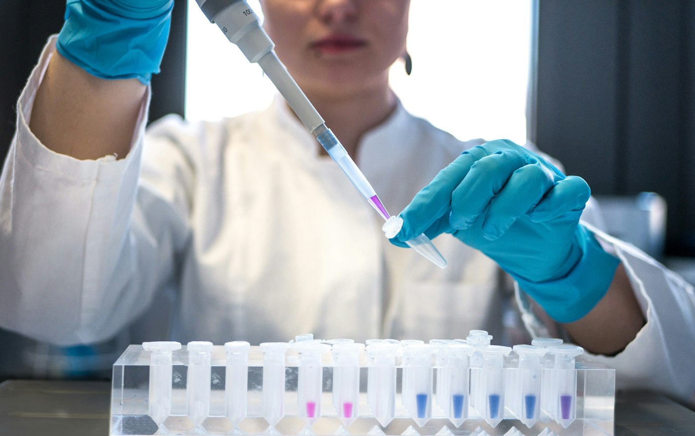 Researcher pipetting samples in a laboratory